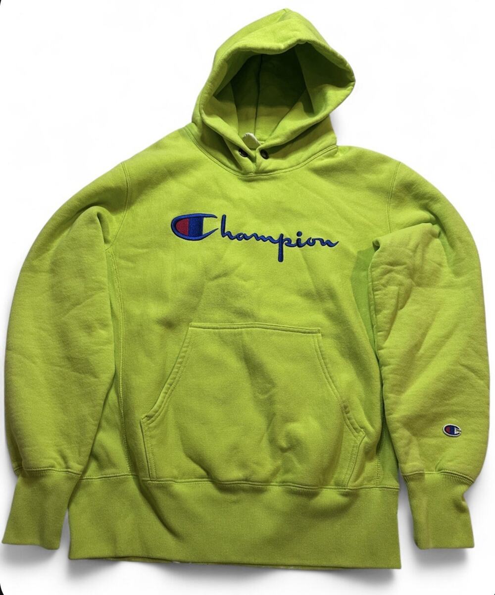 Champion Reverse Weave Hoodie Large Neon Yellow Script Logo Pullover Sweatshirt